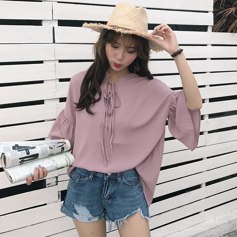 Женская одежда милая Свободная блузка ulzzang однотонные женские блузки на шнуровке