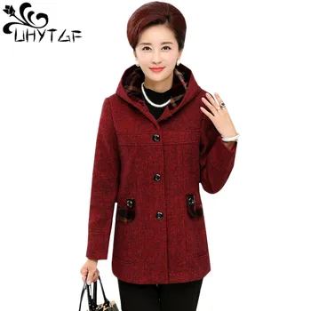 

UHYTGF Women's Woolen Coat Plus velvet Winter Outerwear Female Hooded Warm Woolen Coats Plus size XL-5XL Elegant Woman coats 668