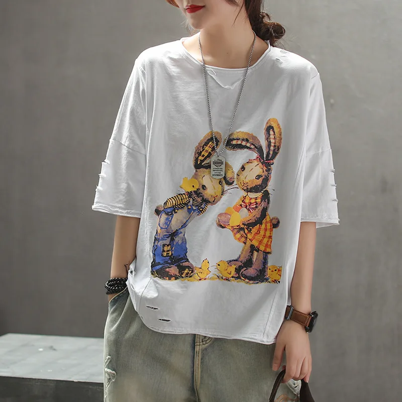 

2019 spring new short-sleeved T-shirt female Korean loose rabbit print tee top mori girl js