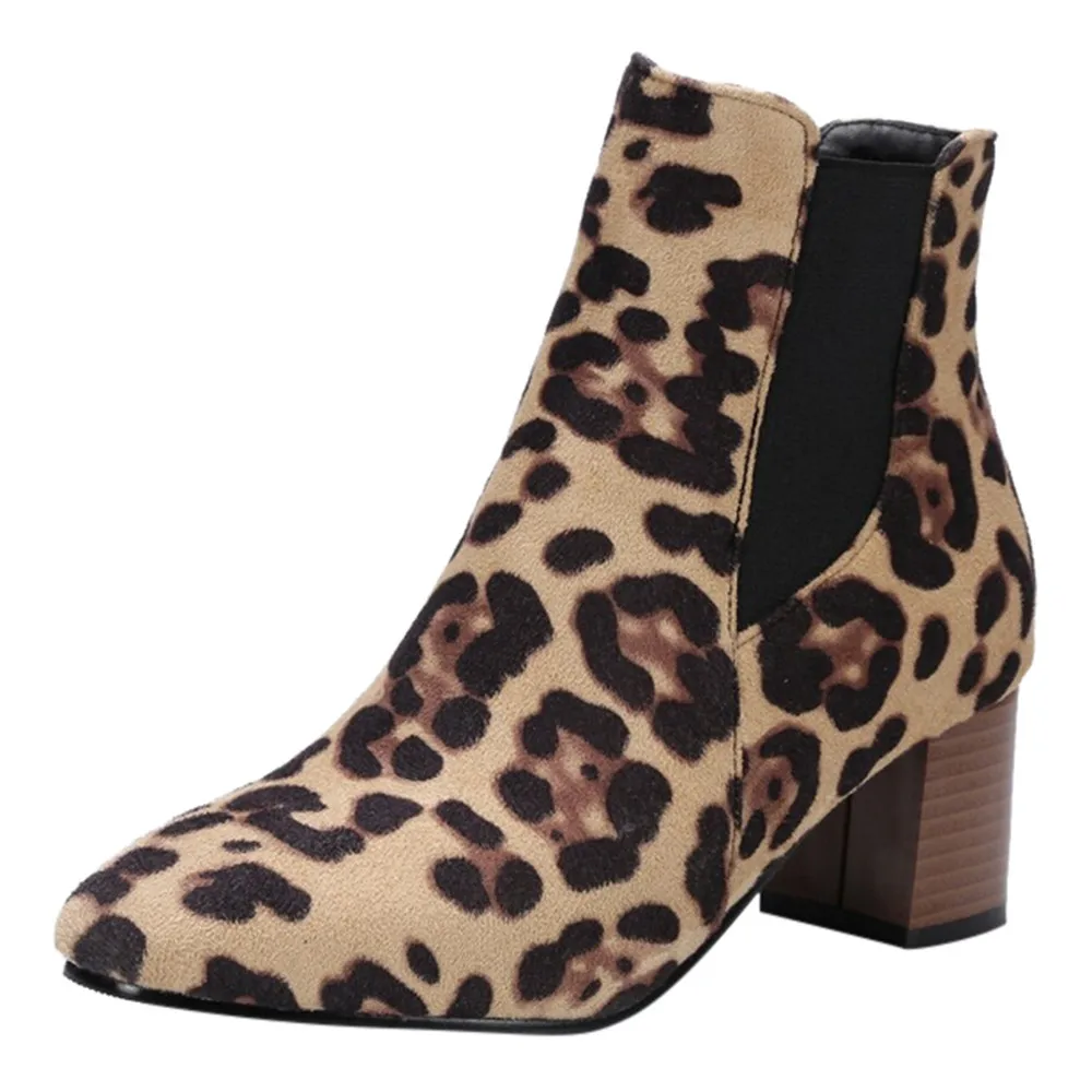 SAGACE hot women boots New Fashion Leopard-Printed Short Plush Winter Warm Shoes High-Heeled Slip-On Ankle Boot mujer#35