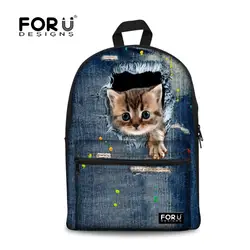 Forudesigns Новые Детские Школьные ранцы для подростков Обувь для девочек милый кот собака холст рюкзак для средней школы синего джинсового