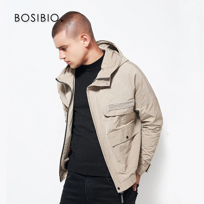 

BOSIBIO 2018 Spring Autumn Mens Khaki Jacket Letter Embroidery Thin Loose Cargo Jacket Male Hooded Zipper Windbreaker 183049