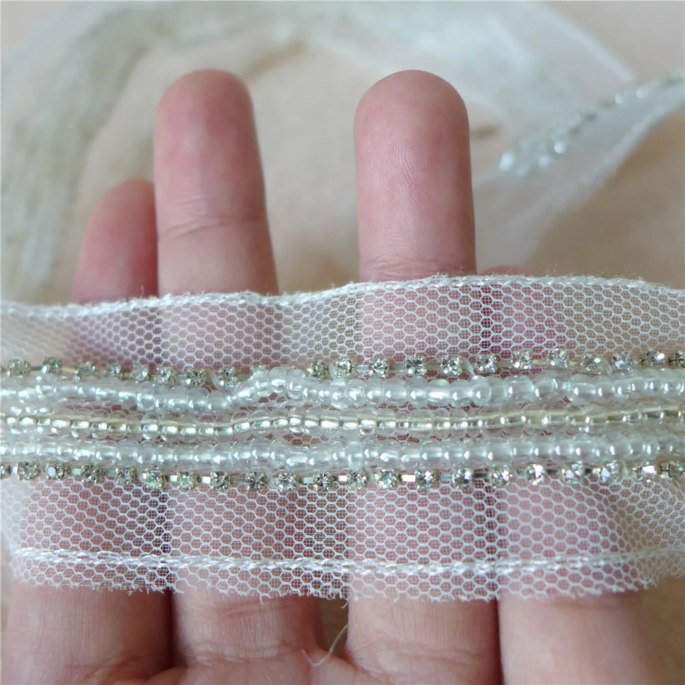 5.7 Yards Delicate Pearl Beading Wide Lace Fabric Trim With Rhinestone