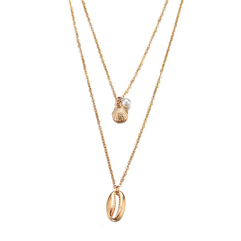 

Bohemia Double Chain Seashell Metal Simulated Pearl Choker Necklace Women Gold Color Charm Fashion Shells Necklace Jewelry Gift