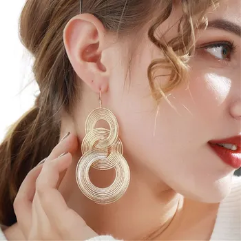 EK550 Punk Gold Color Big Geometric 3 Circle Long Dangle Earrings For Women Bohemian Party Exaggerated Brincos Fashion Jewelry