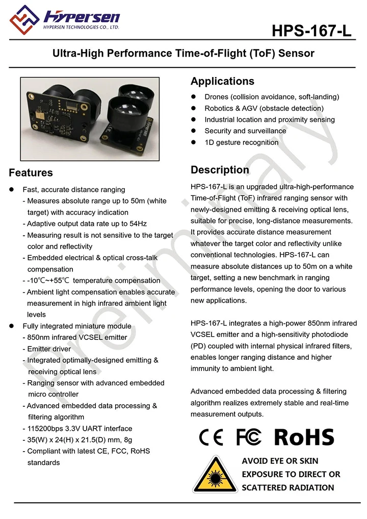 Дрон AGV 50 м lidar лазерный инфракрасный диапазон избегания препятствий ToF время полета измерительный датчик Hypersen HPS-167-L