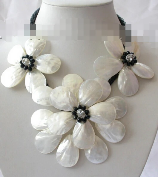 

Miss charm Jew1233 stunning big handmade baroque white shell pearl flower leather necklace