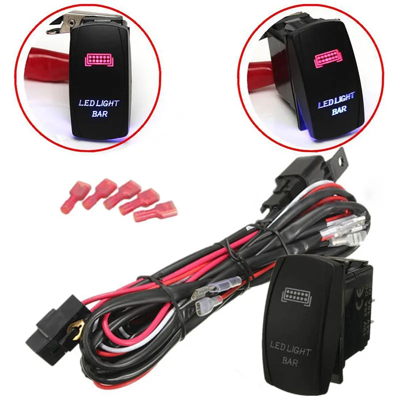 

12V Car Blue Red LED Light Bar ON/OFF Rocker Toggle Switch Wiring Harness 40A Relay Fuse Auto Work Light Fog Ignition Switch