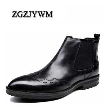 

ZGZJYWM Luxury Designer Spring/Autumn Men Brogues Carved Genuine Leather Waterproof Outdoor Tooling Ankle Dress Boots Shoes
