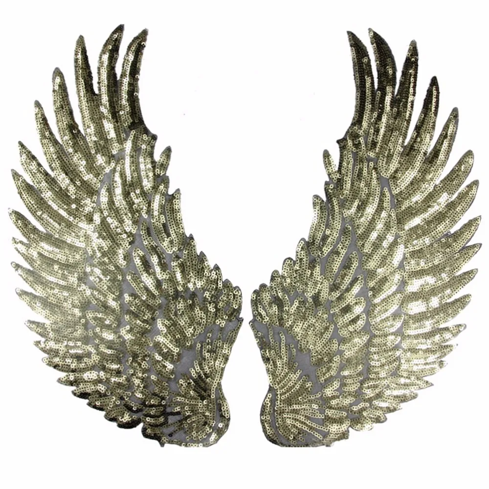 1 Pair 13*27CM Wings Patches Gold Sliver Sequined Patch Sew On Iron Clothes 3D Feather Applique DIY Stickers Wedding | Дом и сад