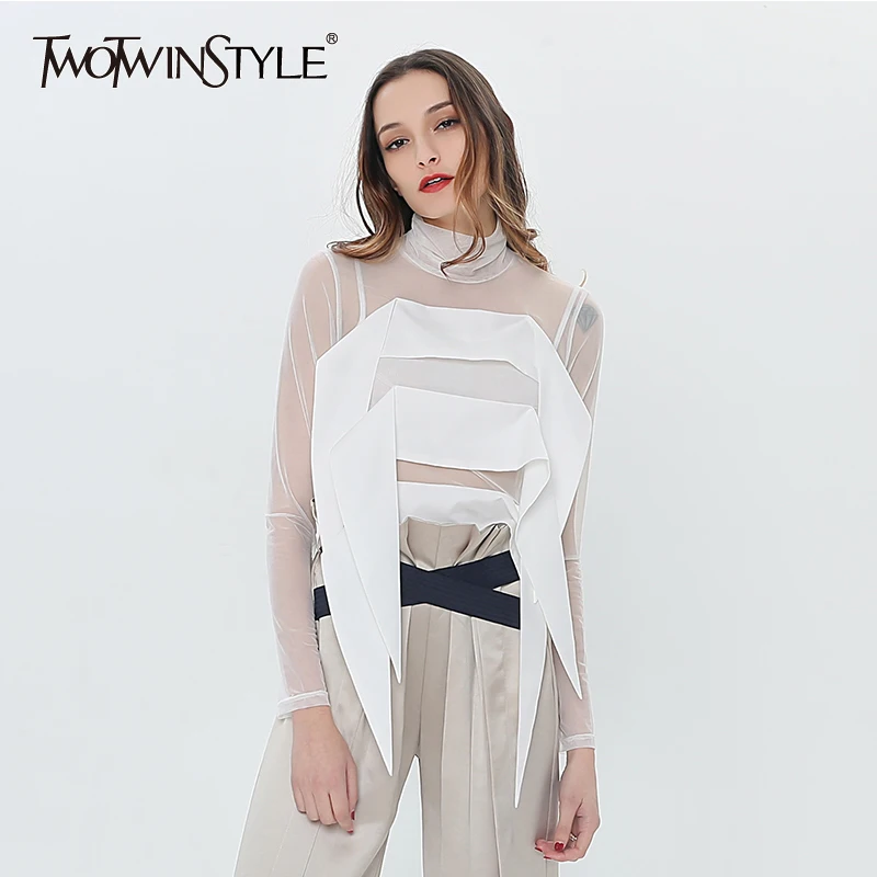 

TWOTWINSTYLE Hollow T Shirt For Women Ruffles Patchwork Turtleneck Long Sleeve Slim Thin Basic Top Spring Fashion Casual Clothes
