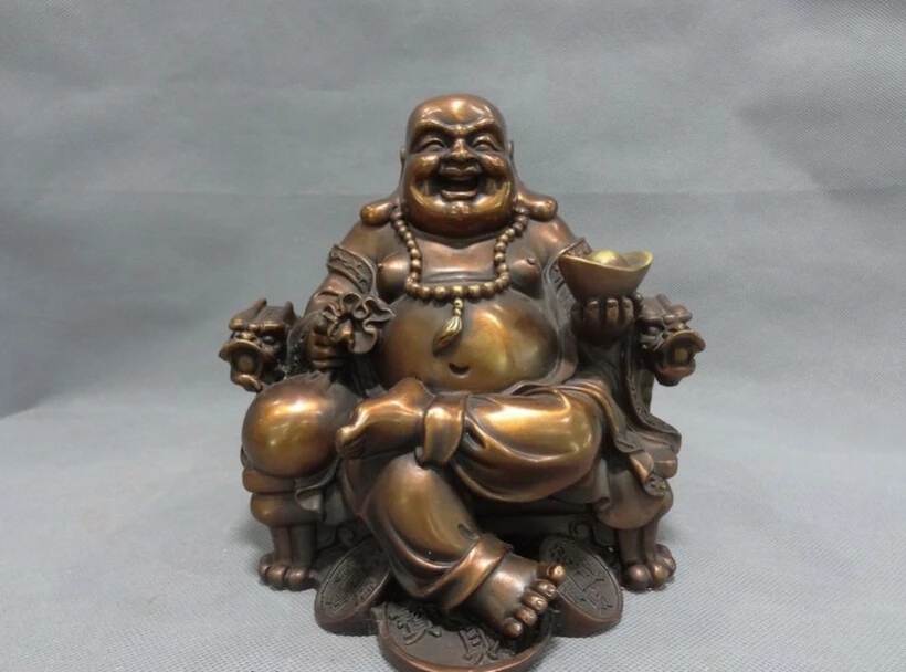 

song voge gem S4242 China Pure Bronze Wealth YuanBao Dragon Head Happy Laugh Maitreya Buddha Statue