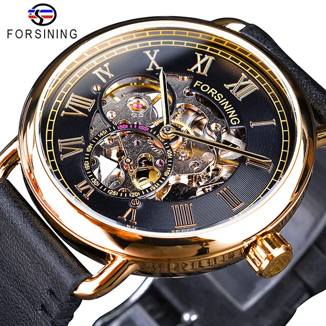 Forsining классические черные золотые ажурные часы Скелет Мужские механические наручные часы Лидирующий бренд Роскошные черные из натуральной кожи - Цвет: GMT1134-2Small