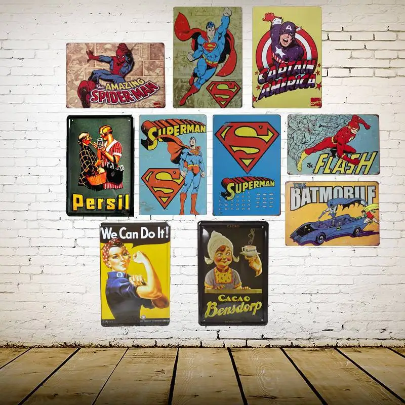 

30X20cm Vintage Tin Metal Signs Superman Batman Captain America Flash Plates For Bar Pub Cafe Cacao Sign Wall Decor Triumph H11