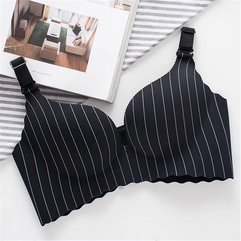 New one-piece vertical striped bra no trace comfortable girl gathered no steel ring thick underwear push up lingerie - Цвет: black