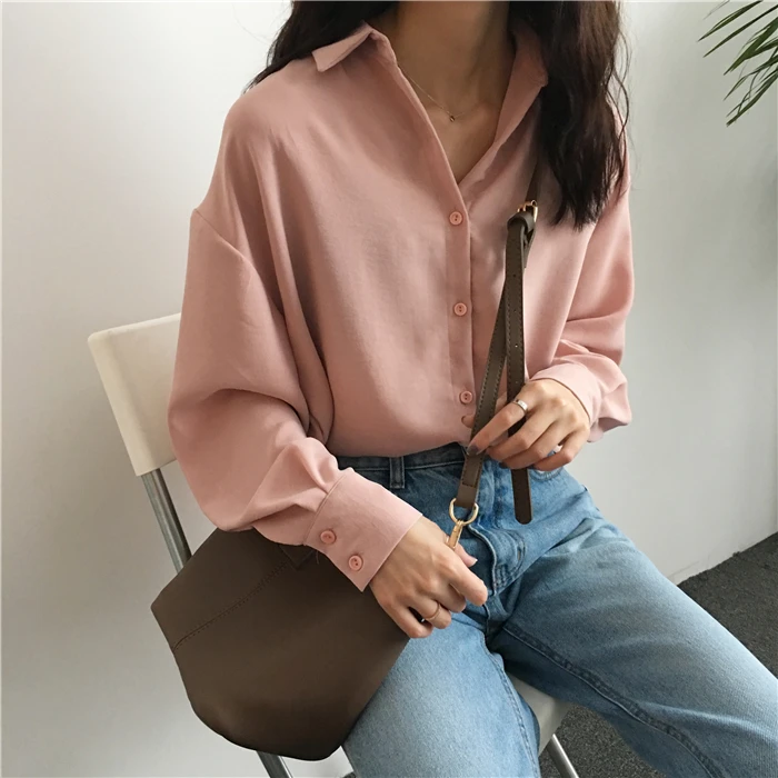 

Autumn Korean Solid Loose Women Blouse Thin Long Femela Shirt Coat Student Joker Solid Color Long Sleeve Chiffon Femela Shirts