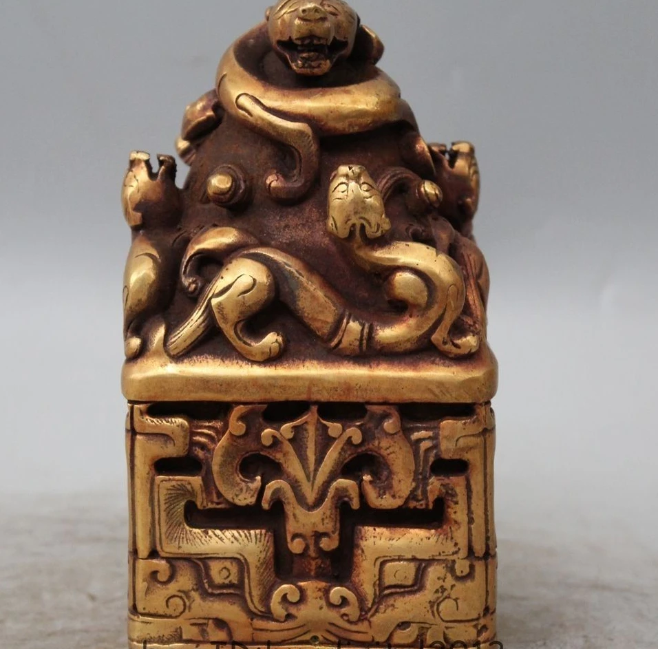 

7"Old Chinese Heavy Bronze Gild Nine Dragon Statue Dynasty imperial Seal Stamp