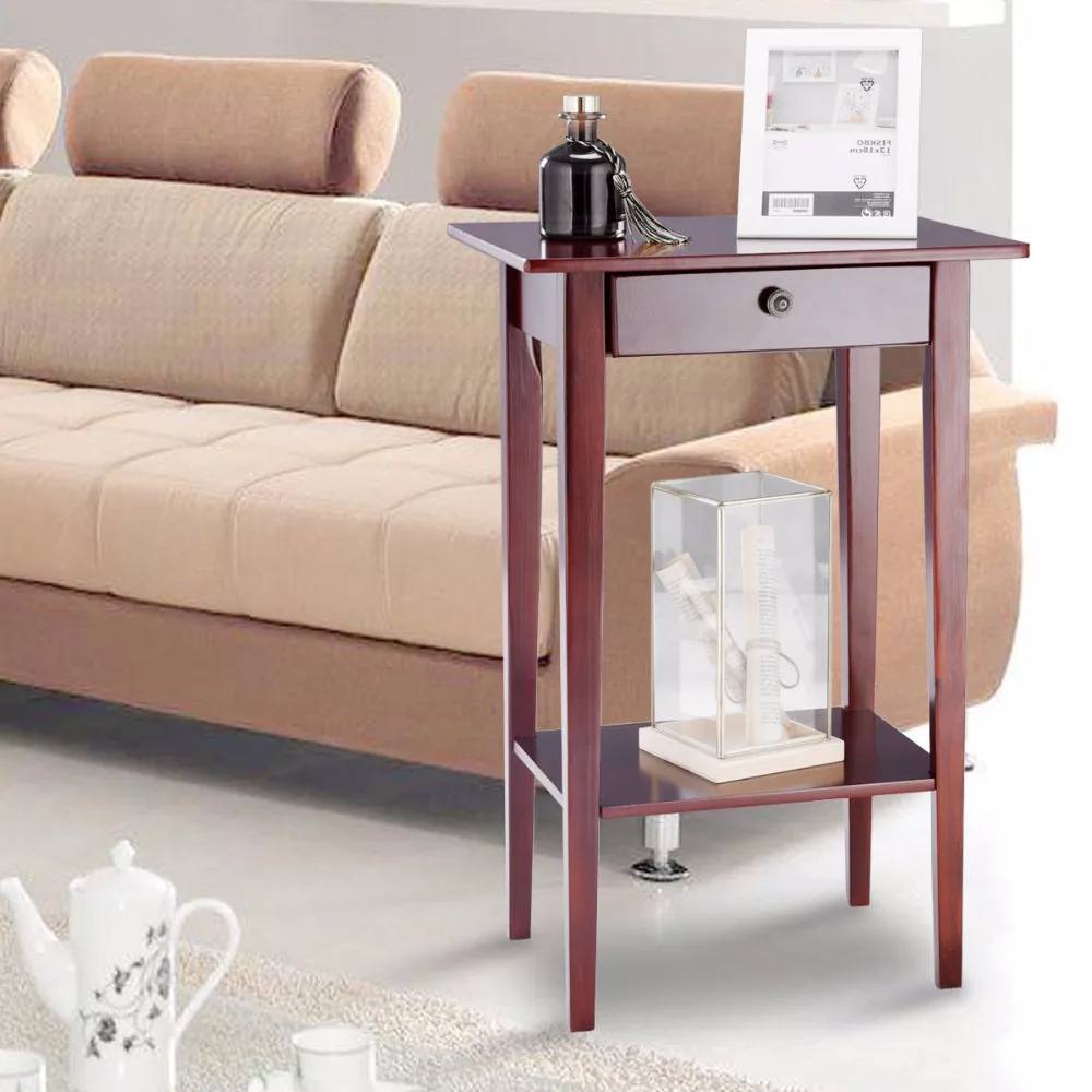 Giantex End Table Tall Wood Side Table Accent Style Telephone Stand Table Drawer Shelf Living Room Furniture HW57881