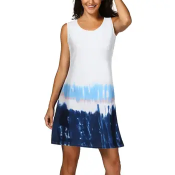 

Women Swing Dress Summer Tie Dye Sleeveless O-Neck Casual Loose Mini Dress Cotton Blend Above Knee Bohemian Dress White