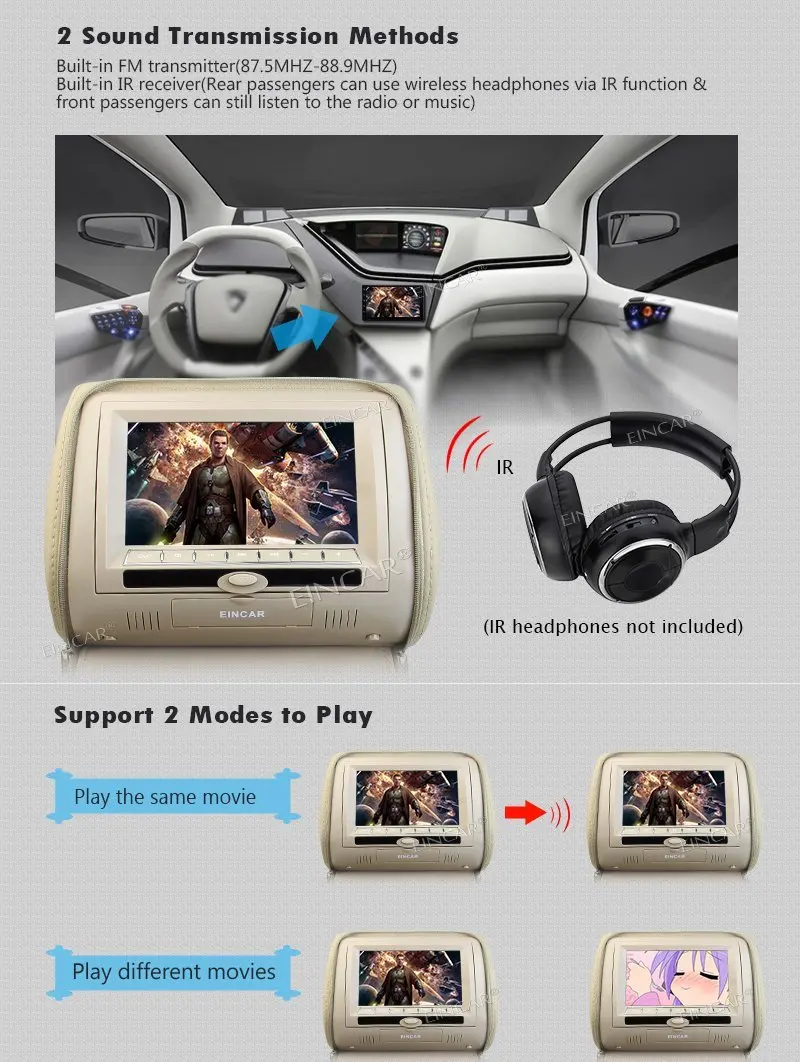 2 шт LCD двойной экран подголовник монитор DVD плеер USB/DVD/CD/MP3/MP4 Воспроизведение FM