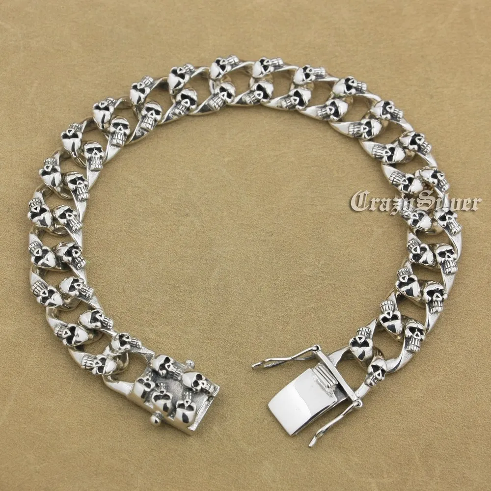 

925 Sterling Silver Handmade Skulls Chain Mens Biker Rock Punk Bracelet 9N020