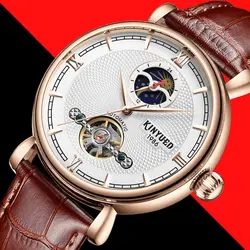 Kinyued новые механические часы Для мужчин Automatic Moon Phase Водонепроницаемый стороны смотреть Tourbillon мужской моды кожаный ремешок наручные часы