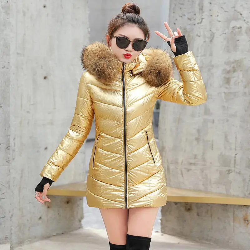 

Women's Winter Jacket Fashion fur collar Metal Golden Silver Bright Hooded Coat Warm Cotton Padded Long Parkas new S-3XL