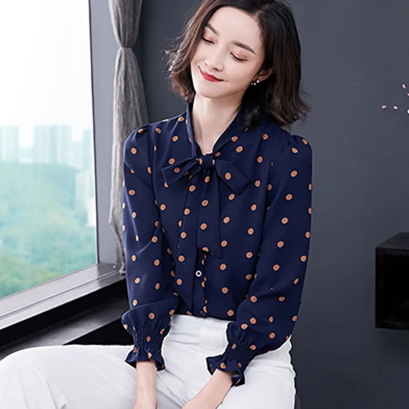  Wave point women chiffon shirt female long sleeve 2019 spring blouse new bow tie with temperament t