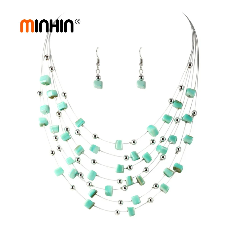 

MINHIN African Beads Jewelry Set Multi Layers Collar Necklace Earrings Set For Women Natural Stone Statement Jewelry Set