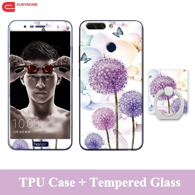 

Cartoon Case For Huawei Honor V9 Finger Ring Eiffel Soft Silicone Cover Case for Huawei Honor 8 Pro with Tempered Glass film