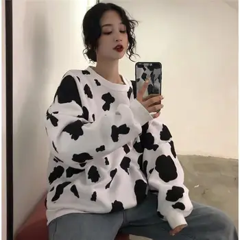 

2019 Autumn Black White Dairy Cow Print Sweatshirt Women Streetwear Oversized Plus Size Hoodies Casual Loose Pullover