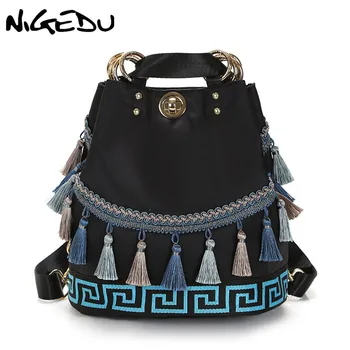 

Retro tassel Women Backpack Panelled Bucket Shoulder bag Female schoolbags Backpacks Ethnic style nylon Travel bag mochila 2018