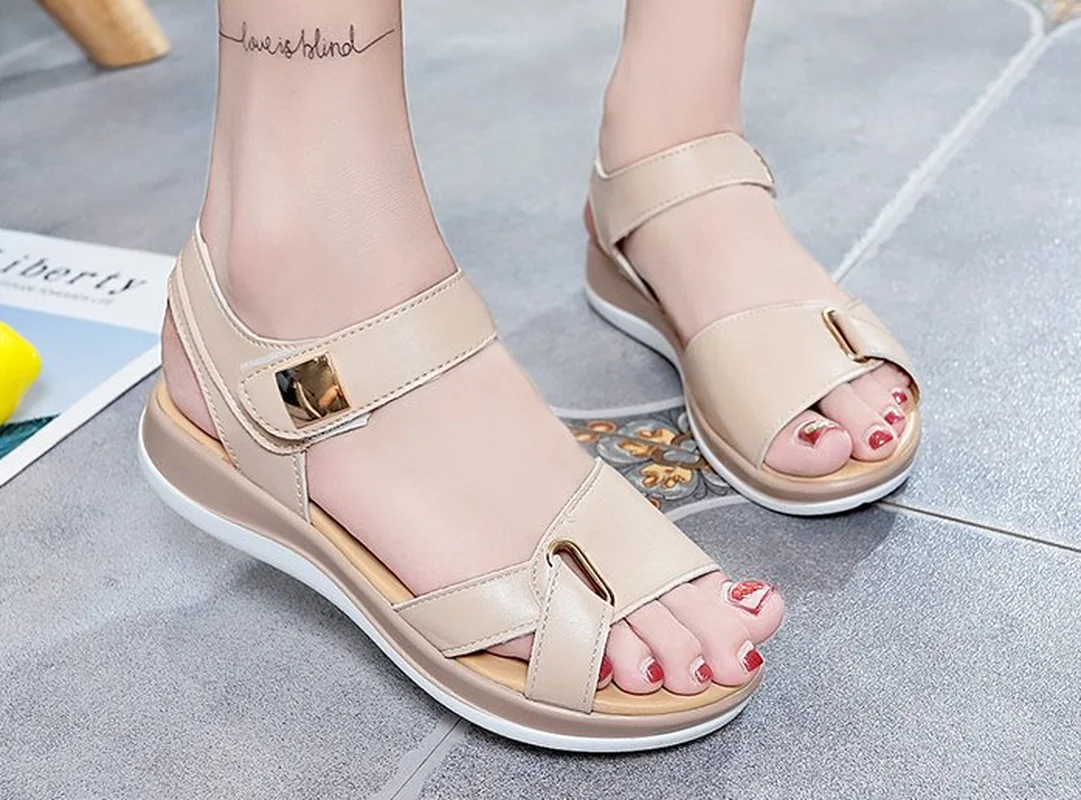 

Liren 2019 Summer Fashion Casual Lady Sandals Hook & Loop Flat Heels Round Open Toe Sandals Comfortable Breathable Women Shoes