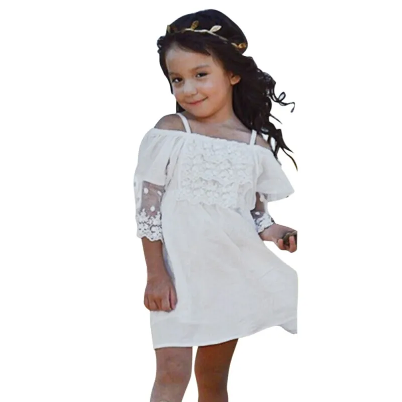 

Baby Child Girls White Lace Off-shoulder Slash Neck Dress Kids Party Wedding Pageant Formal Dress 2-7Y