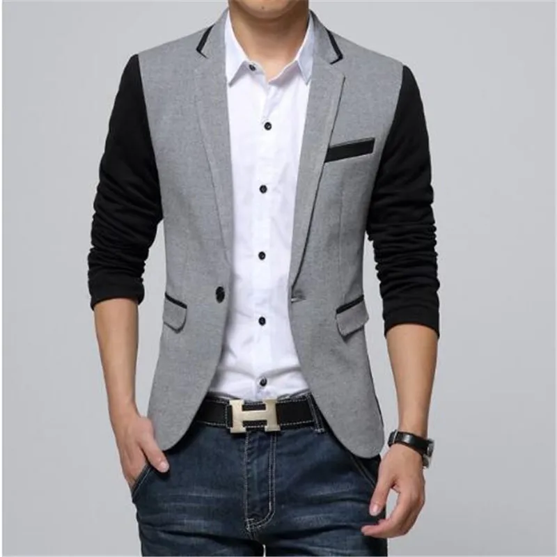

New Slim Fit Casual jacket Cotton Men Blazer Jacket Single Button Gray Mens Suit Jacket 2018 Autumn Patchwork Coat Male Suite