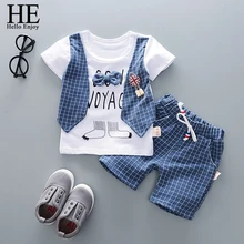 С героями мультфильма «привет энжой», летняя одежда для мальчиков Одежда для маленьких джентльменов; комплекты одежды; футболка с бантиком, комплект с клетчатыми шортами 2 шт./компл. модная одежда для малышей Одежда для маленьких