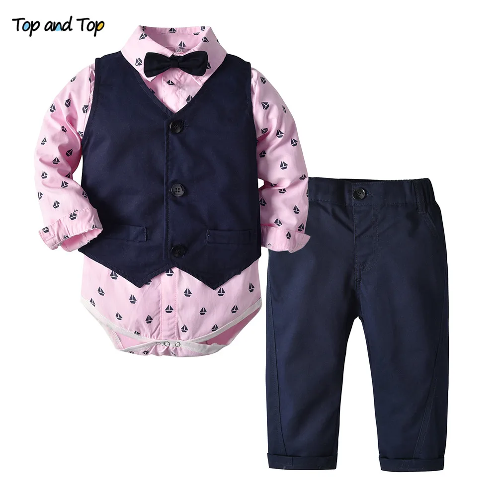 Топ и топ, комплект джентльменской одежды для маленьких мальчиков, комбинезон с длинными рукавами, рубашка с галстуком-бабочкой+ штаны+ жилет, комплект из 3 предметов, повседневная одежда для свадьбы