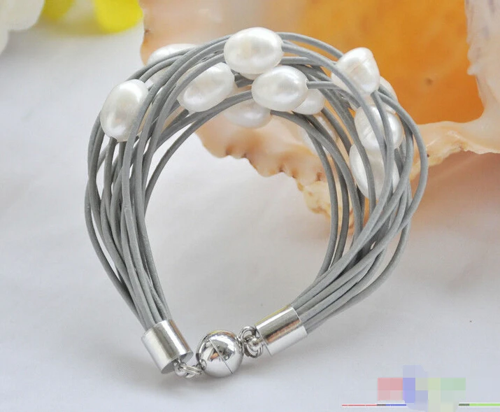 

P5221 15row 8" 13mm white rice pearl gray leather bracelet@^Noble style Natural Fine jewe SHIPPING new >>free shipping
