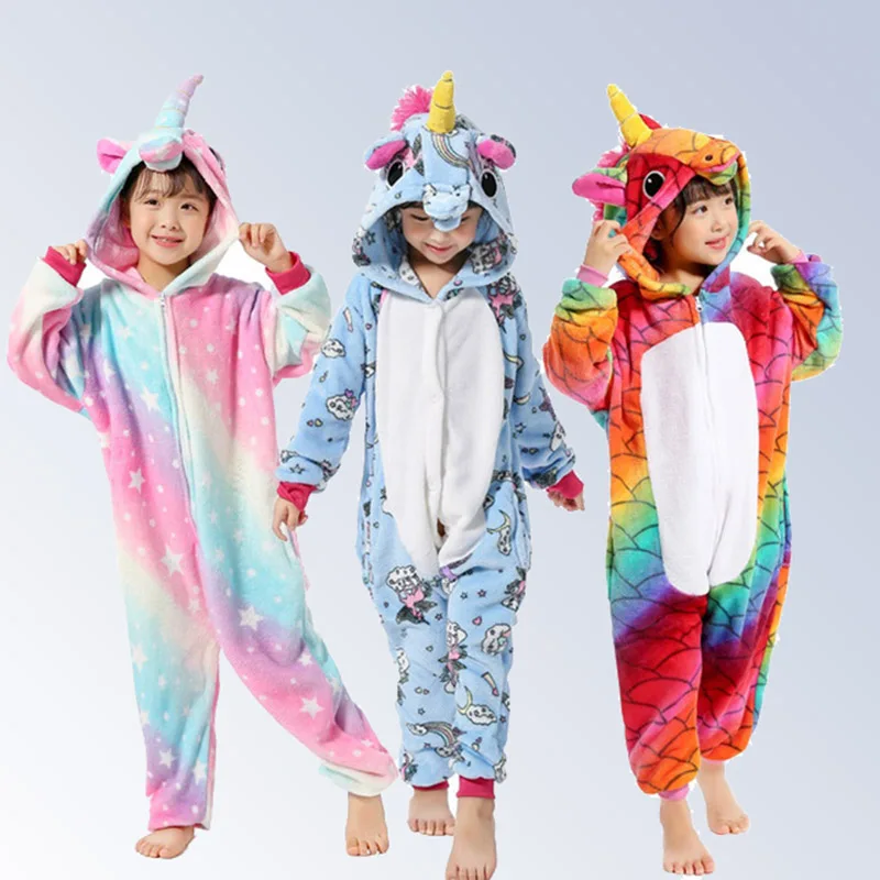 Boys Girls New Flannel Animal Pegasus Unicorn Cosplay Pijamas Onesies Winter Kids Pajamas Stitch Hooded Children Sleepwear