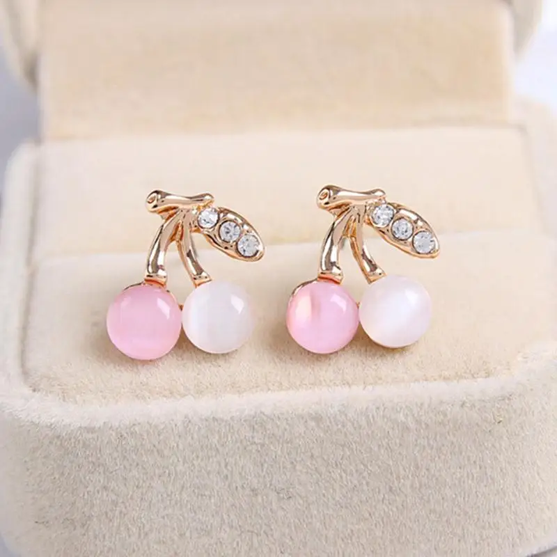 

Pink White Opal Cherry Fruit Crystal Leaf Golden Plant Stud Earrings for Women piercing Jewelry