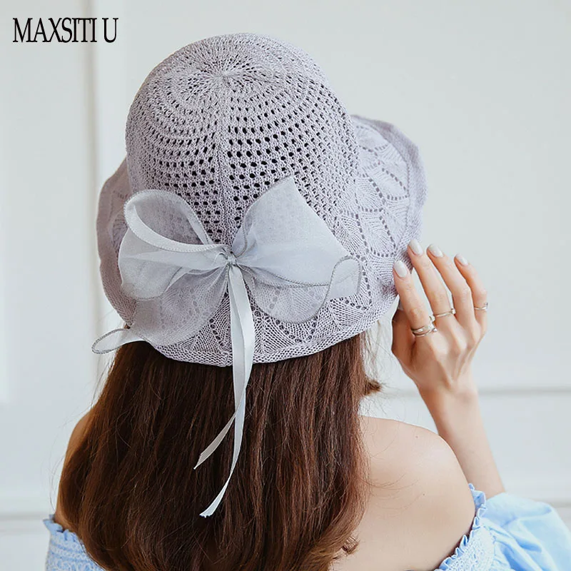 Женская ажурная Кепка MAXSITI летняя складная шляпа ведро с бантом для