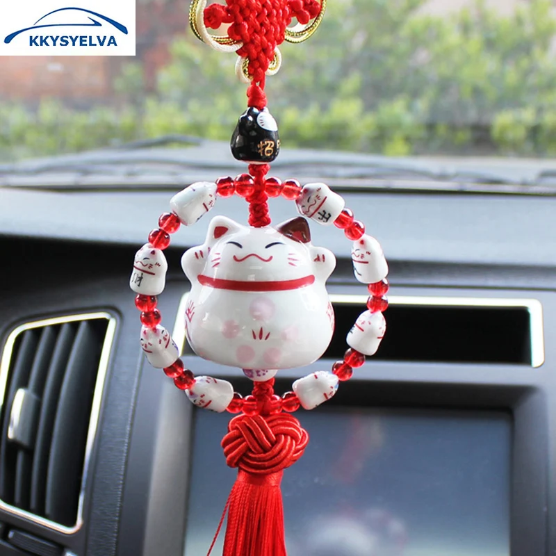 

KKYSYELVA Lucky Cat Blessing Car Adornment Good Luck Car Pendant Chinese traditional handicrafs Car Interior Accessories