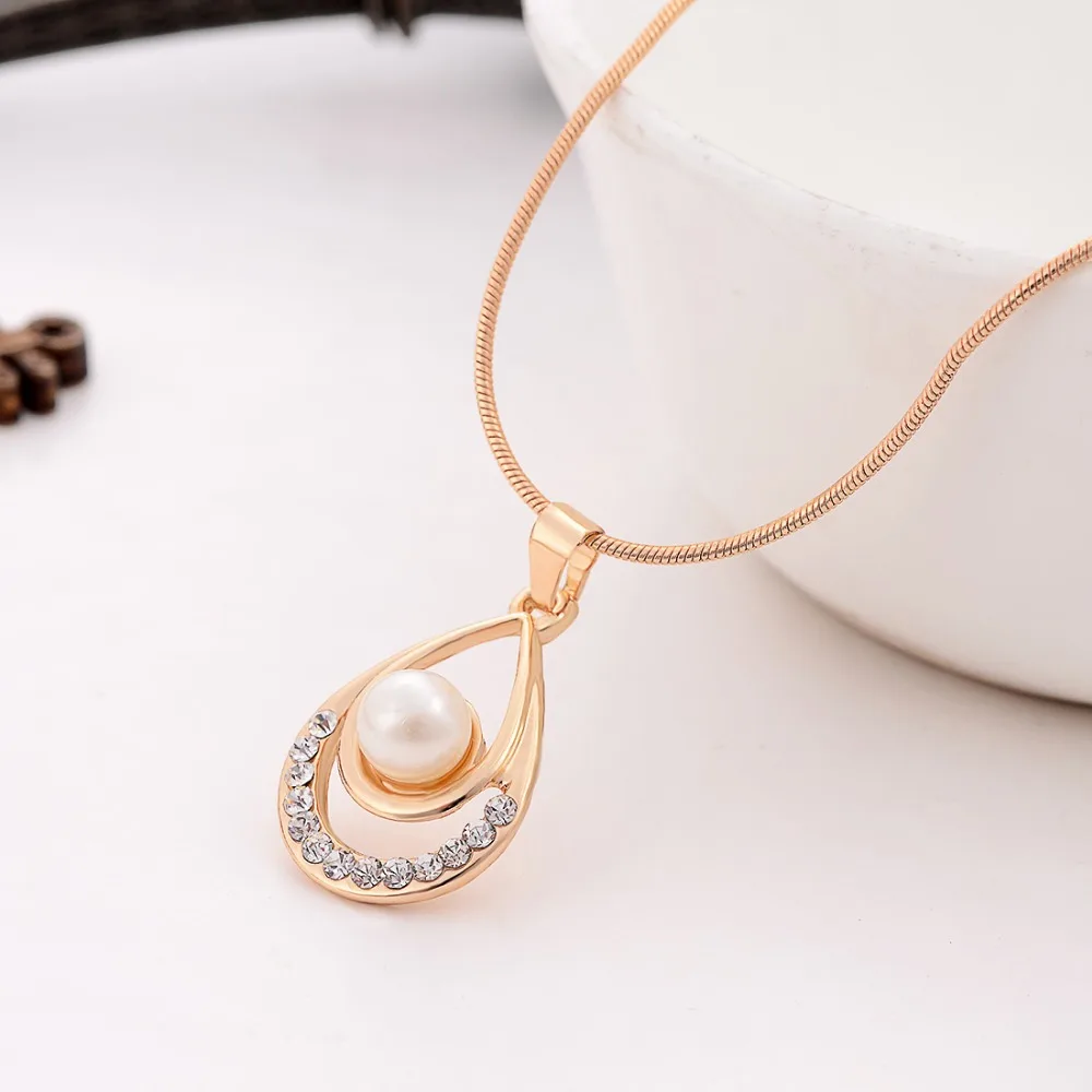 Valentine Day Gifts Gold Color Simulated Pearl Water Drop Crystal Pendant Necklace Earrings Wedding Jewelry Sets For Women