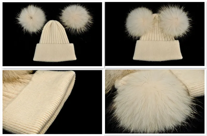 Женская зимняя модная меховая шапка с помпоном для девочек, Вязаная Шапка-бини для взрослых, вязаная шерстяная шапка с двумя помпонами
