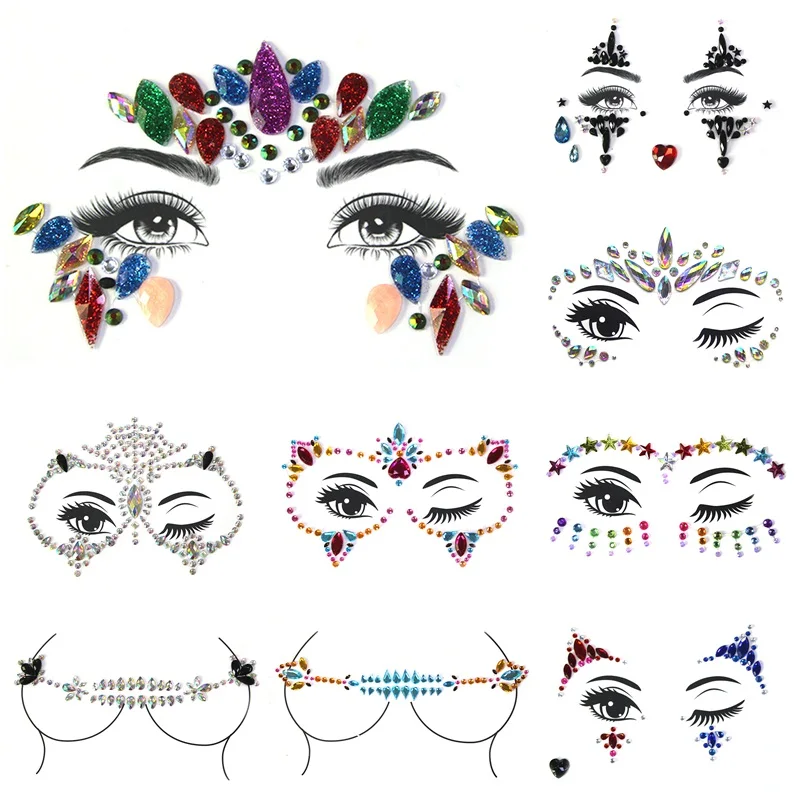 Temporary Rhinestone Glitter Tattoo Stickers Resin Face Jewels Stickers Festival Makeup Acrylic