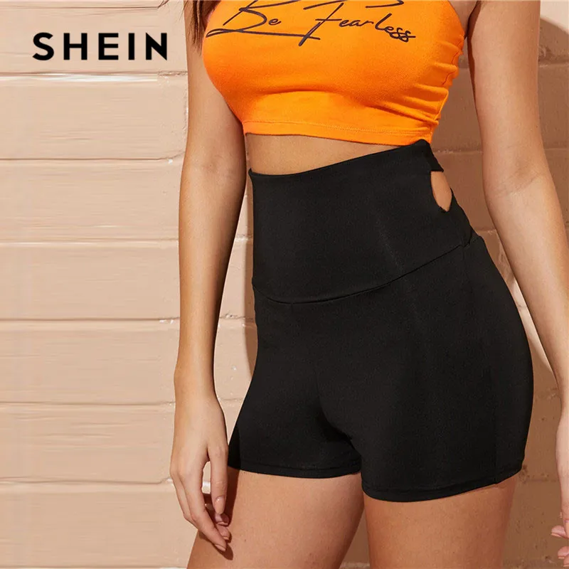 SHEIN Wide Waistband Criss Cross Back Shorts Women Solid Sporty High Waist Shorts Skinny Elastic Waist Stretchy Summer Shorts