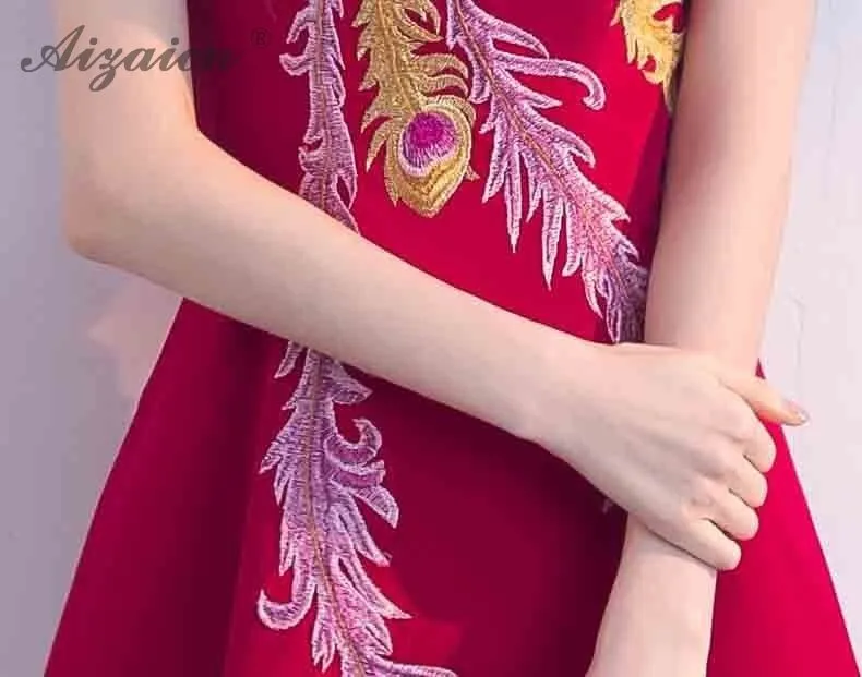 2019 de moda rojo Cheongsam bordado Phoenix Qipao las mujeres chino tradicional boda Vestido tounica estilo Восточный