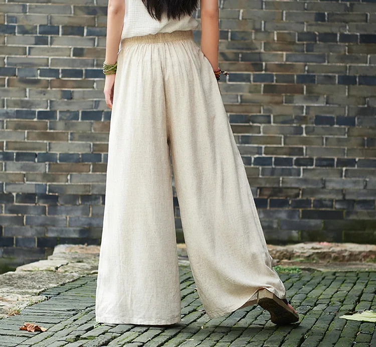 LZJN 2019 Spring Summer Culottes Pants Vintage Cotton Linen Pants Loose Full Length Trousers Women Wide Leg Pants White 3 Colors (23)
