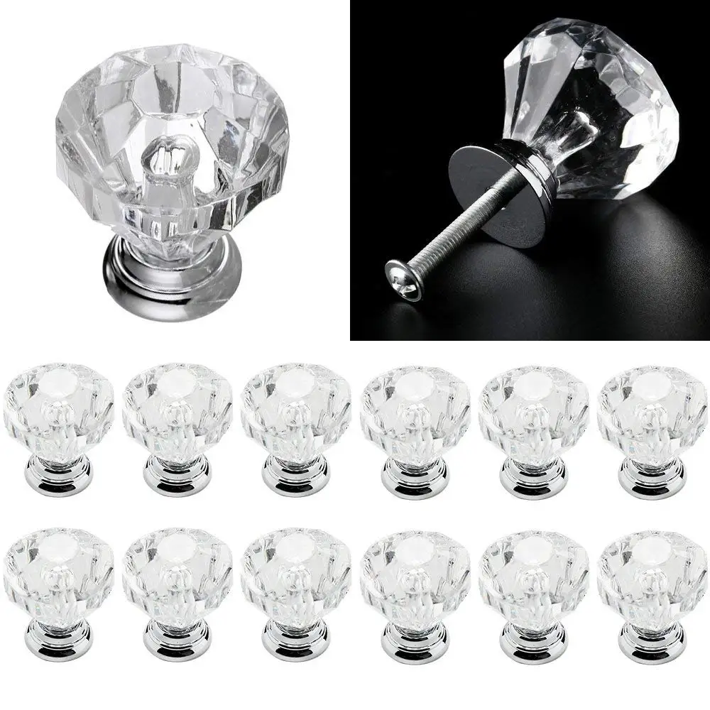 

12pcs Glass Drawer Door Knob Crystal Diamond Handle Pull Dia 35mm for Wardrobes Cabinets Cupboards Furniture Transparent