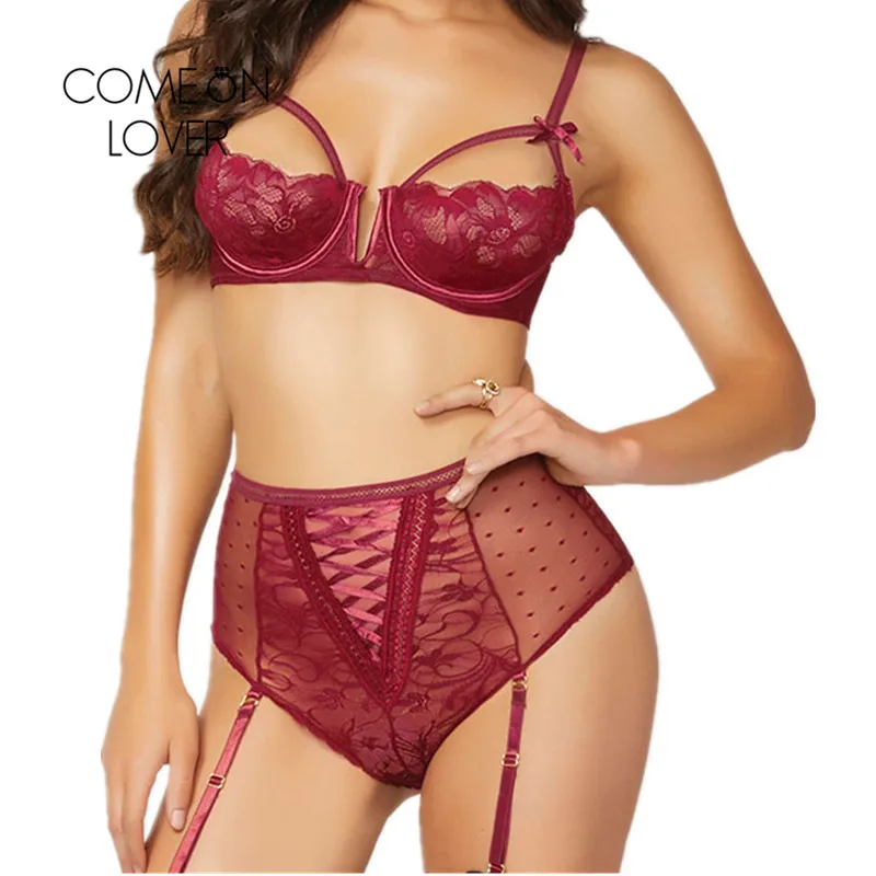 Comeonlover Lingerie Set Garter Open Cup Bra Plus Size Erotic Lingerie Sets Lace Floral Ropa Sexy Mujer Erotic Set RI80646